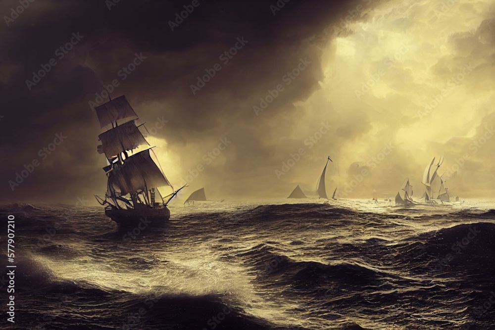 Old sailing pirate ship lost in the ocean in a stormy night. Concept ...