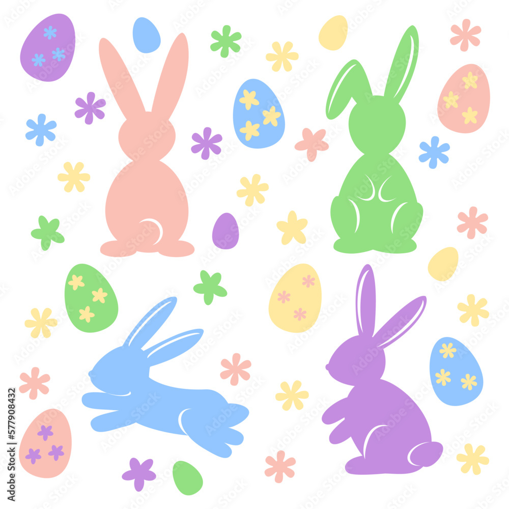 Easter Clipart bunny or rabbit in pastel color. Minimalist easter holiday characters. Vector illustration for fabrics, greeting cards, wallpapers, gift wrapping paper, web page etc.