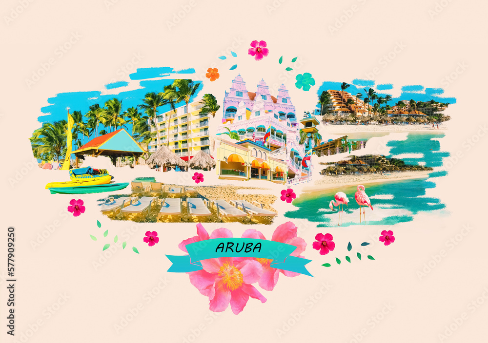 Collage from views of Oranjestad at Aruba - beautiful Caribbean island. Art design