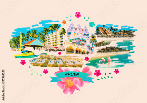 Obraz na płótnie Collage from views of Oranjestad at Aruba - beautiful Caribbean island. Art design w salonie