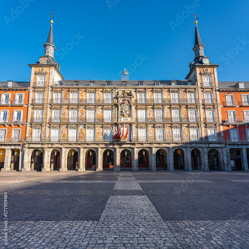 Main facade of the Plaza Mayor in Madrid, headquarters of government institutions, Spain.