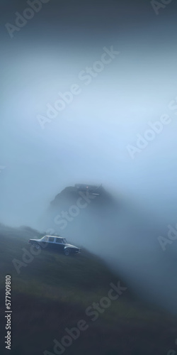 fog on top of the heal and small car on it generative AI