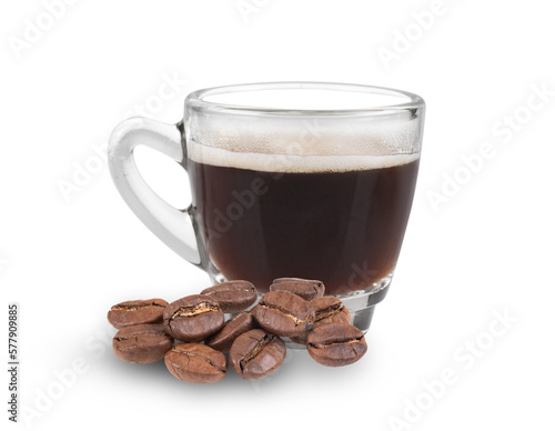 Leinwand Poster Black coffee in glass cup and coffee beans on transparent png