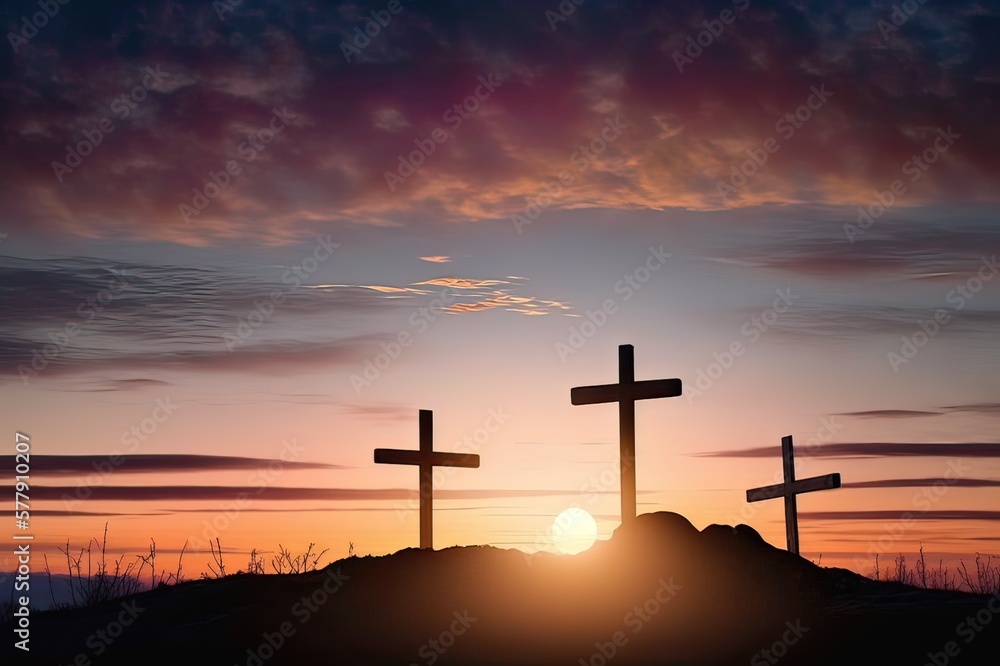 Three crosses at dawn with setting sun and copy. Photo generative AI Three crosses at dawn with setting sun and copy. Photo generative AI