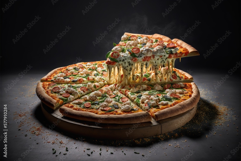 Fototapeta premium Delicious pizza, slice of pizza. Professional food photo. For advertising or for a poster. Generative AI.