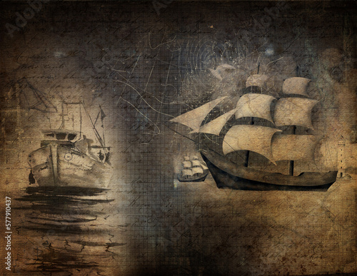Old ship and dark vintage nautical map background