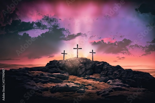 Three Crosses atop Rocky Hill, Dramatic Sky of Pink & Purple Clouds. Easter & Good Friday Symbol. Photo generative AI photo