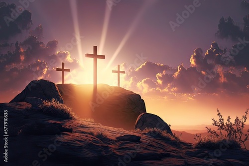 Symbol of Crucifixion: Three Crosses at Sunrise. Photo generative AI