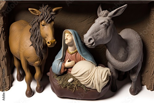 Old Baby Jesus Figurine in Crib with Ox and Donkey from Above on White. Photo generative AI