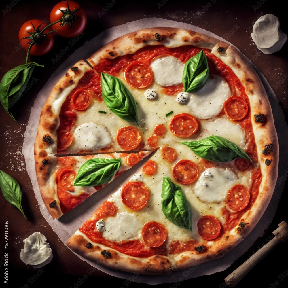 Delicious pizza, slice of pizza. Professional food photo. For advertising or for a poster. Generative AI. Delicious pizza, slice of pizza. Professional food photo. For advertising or for a poster. Generative AI.