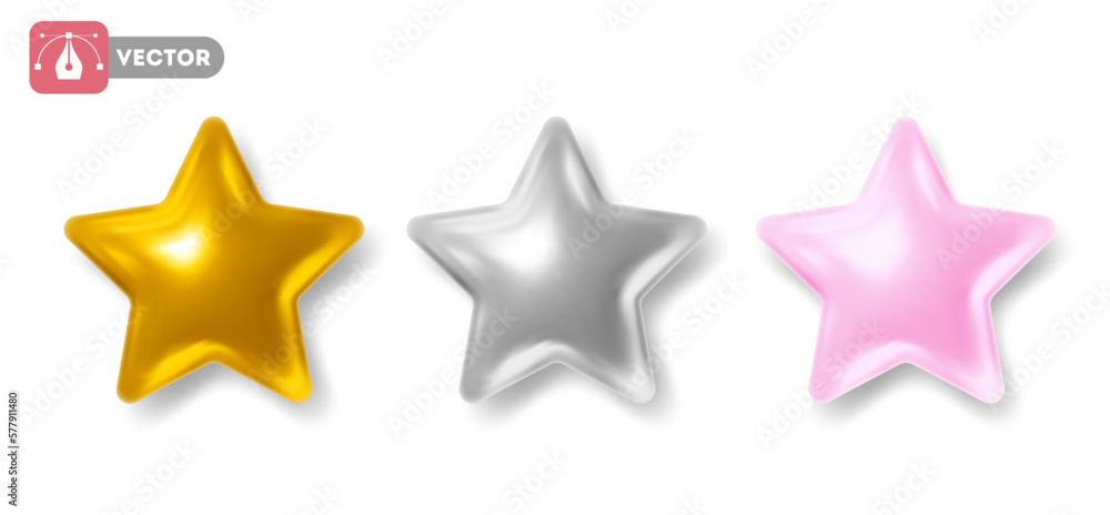 Set of 3d stars glossy golden, silver and pink colors. Rating feedback concept from the users or clients. For website, mobile applications or other design. Vector realistic illustration Set of 3d stars glossy golden, silver and pink colors. Rating feedback concept from the users or clients. For website, mobile applications or other design. Vector realistic illustration