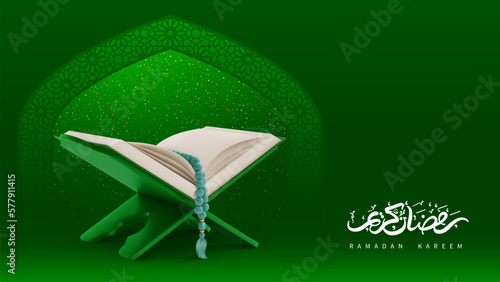 Ramadan Kareem greeting card. Holy Quran with rosary, open on the book holder, near by arch window with arabian pattern. Arabic calligraphy mean Ramadan Kareem. Vector 3d realistic illustration