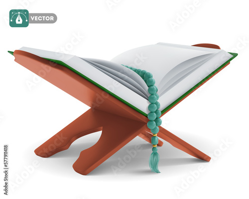 Holy Quran with rosary, open on the wooden book holder. Design element for Ramadan or other religious islamic holidays and events. Vector 3d realistic illustration