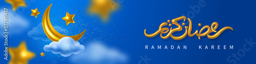 Ramadan Kareem greeting banner template. Golden crescent and stars in the clouds on night sky, and arabic calligraphy which mean Ramadan Kareem. Blue background. Vector 3d realistic illustration