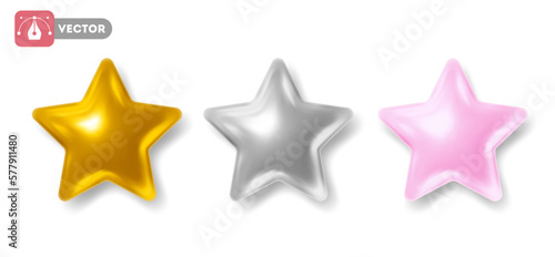 Set of 3d stars glossy golden  silver and pink colors. Rating feedback concept from the users or clients. For website  mobile applications or other design. Vector realistic illustration