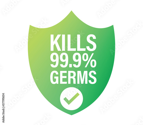 kills 99.9% germs vector icon with shield, green in color