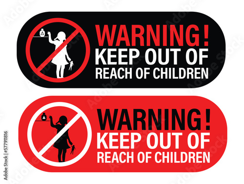 'warning, keep out of reach of children' vector icon set, red and black in color