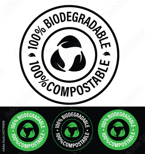 100% biodegradable 100% compostable vector icon set, Eco friendly abstract