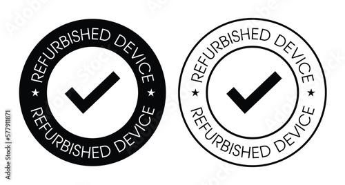 refurbished device vector icon with tick mark, black in color, thin letters