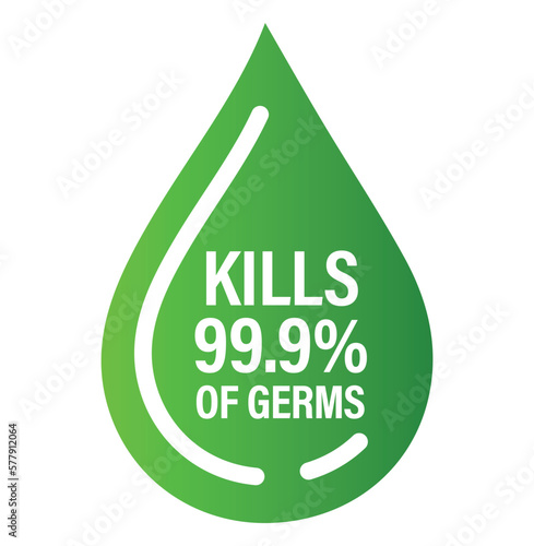 kills 99.9% of germs vector icon with drop symbol, healthcare abstract