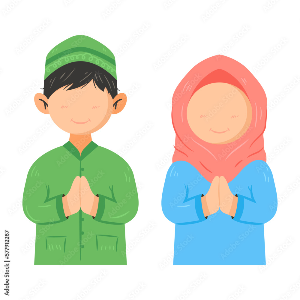 Muslim kids' character illustration thanking, greeting, apologize, farewell pose by using two hand palms spliced together isolated white background Muslim kids' character illustration thanking, greeting, apologize, farewell pose by using two hand palms spliced together isolated white background