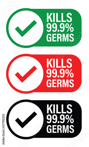 kills 99.9% germs vector icon with tick mark