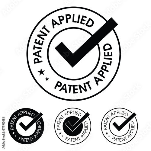 patent applied vector icon set with tick mark. black in color