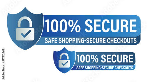 100% secure, safe shopping secure checkout vector icon with pad lock and tick mark, blue in color