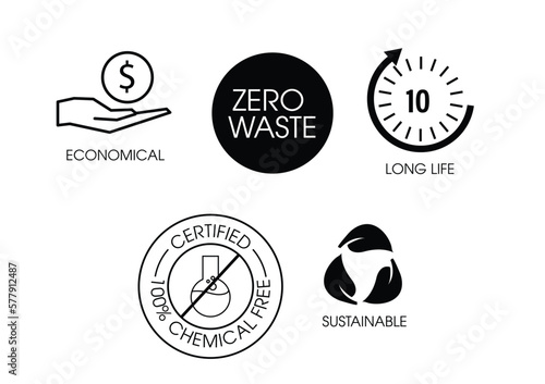 logo vector set such as : economical, zero waste, long life, chemical free, sustainable