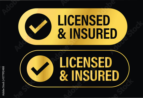 licensed and insured vector icon set isolated on dark background, golden colored
