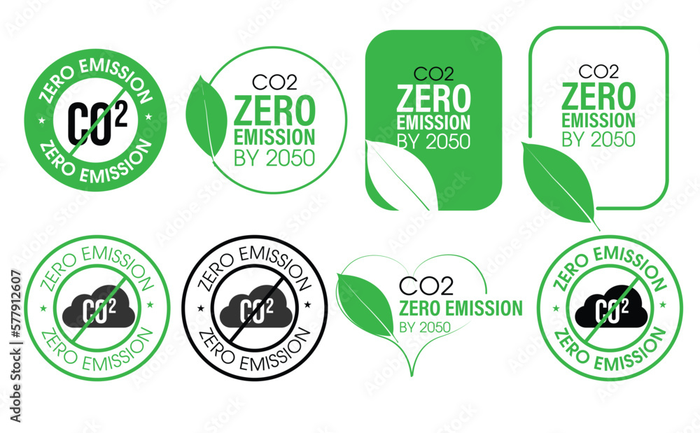 environmental abstract zero CO2 emission by 2050. vector icon set, green in color