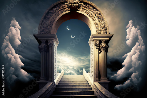 Heavens gate to heaven end of life. Stairway to Heaven. Religious background. Generative AI illustration