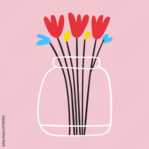 Vase with flowers on pink background. Hand drawn vector illustration.