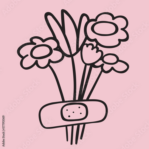 Adhesive tape with flowers. Outline icon on pink background.