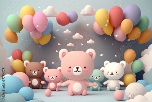Generative AI of cute bear family with balloons and sky background.