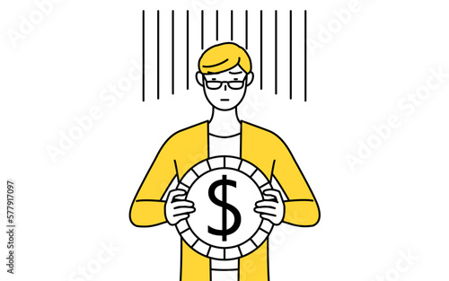 為替差損やドル安のイメージ、カジュアルな格好をした若い男性