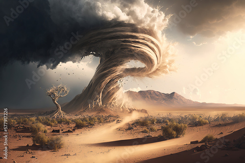 Tornado, wind storm with air funnel in desert. Generative AI.