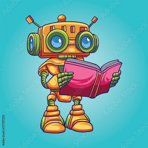 Nerd Robot Cartoon Reading Book