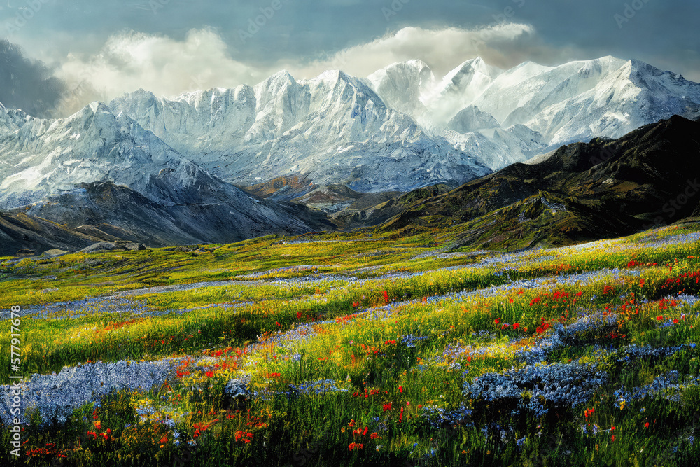 A beautiful mountain meadow full of flowers. Digital art. A beautiful mountain meadow full of flowers. Digital art.