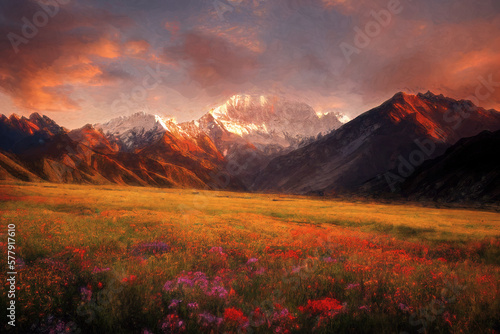 Fototapeta Naklejka Na Ścianę i Meble -  A beautiful mountain meadow full of flowers. Digital art.