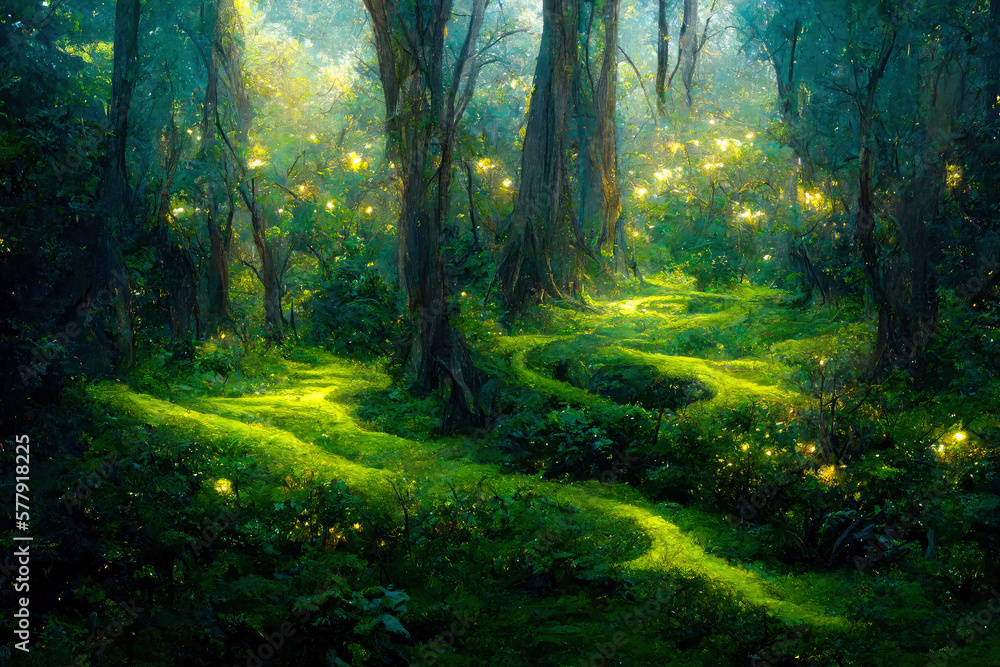 Beautiful magic night forest. Digital art. Beautiful magic night forest. Digital art.