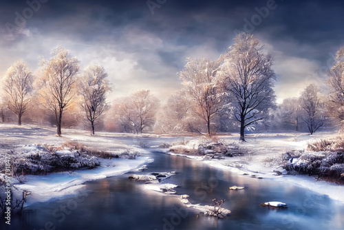 Winter landscape with the river. Digital art.