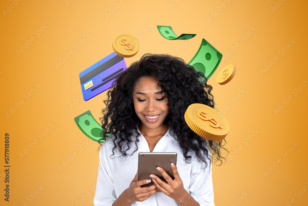 Black businesswoman with tablet, coins and banknotes with credit - obrazy, fototapety, plakaty 