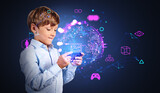 Child with smartphone, virtual reality hologram with metaverse
