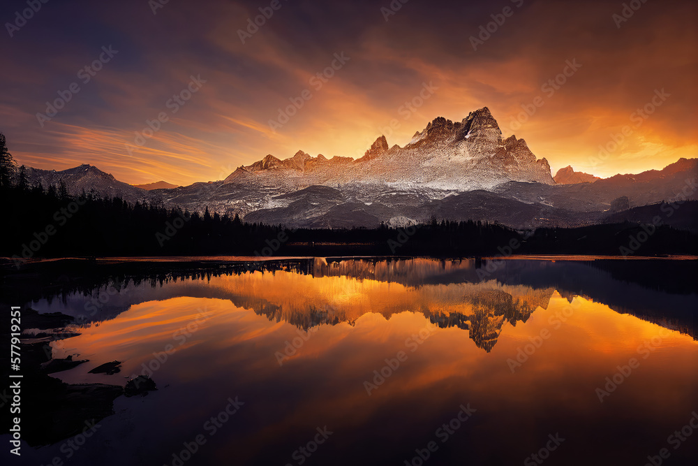 Fototapeta premium beautiful landscape with mountains and lake at sunset. Digital art.