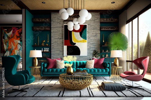 Contemporary living room - a style that is ever-evolving and incorporates current trends and ideas, often characterized by bold colors, unique shapes, and a mix of textures, Generative AI