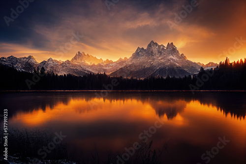 beautiful landscape with mountains and lake at sunset. Digital art. © jozefklopacka
