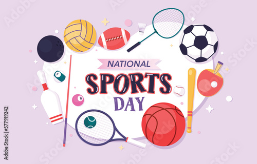 National Sports Day, Sports Equipment, Poster, Banner Vector, Illustration