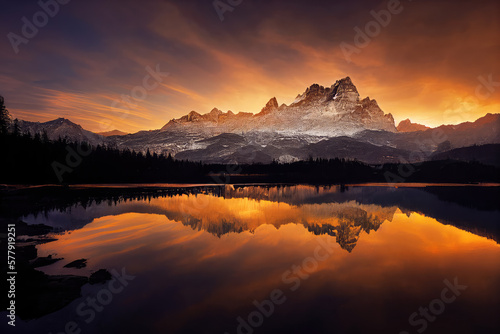 beautiful landscape with mountains and lake at sunset. Digital art. © jozefklopacka