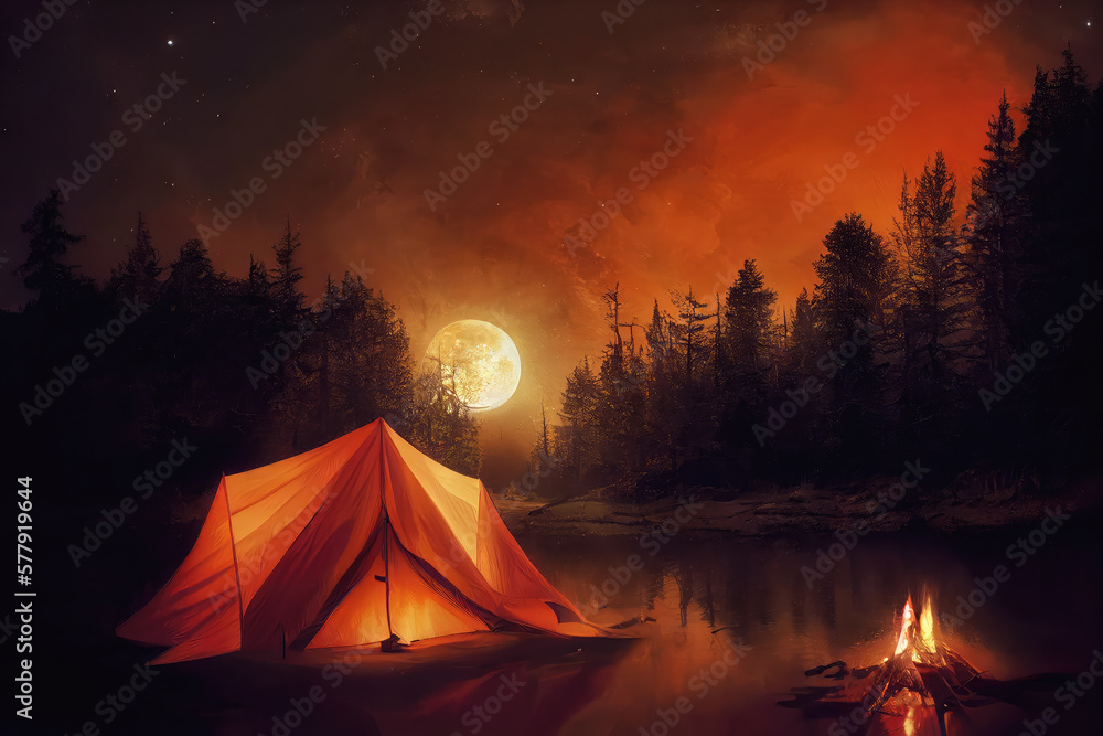 Tent in a beautiful night landscape illuminated by the moonlight. Digital art.